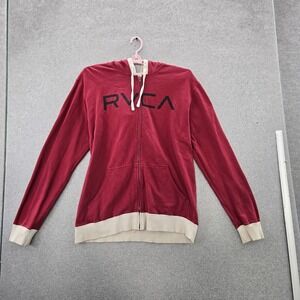 RVCA Men Hoodie XL Red Fleece Activewear Logo Zipper Long Sleeve